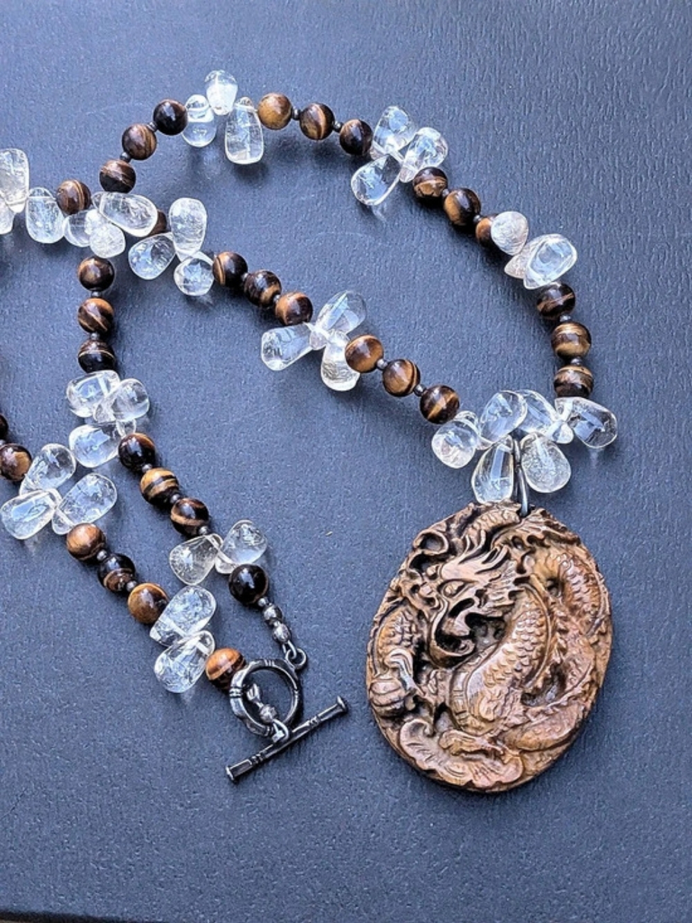 Artisan Carved Tiger's Eye Dragon Pendant Beaded Necklace - Sterling Silver